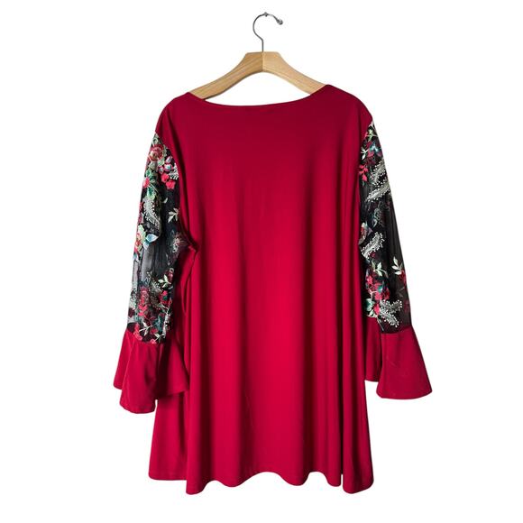 Ali Miles Plus 1X Red Jersey Floral Embroidered Sheer Bell Sleeve Blouse - Picture 6 of 7